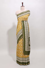 Yellow floral vine print chanderi cotton saree with contrast border and blouse