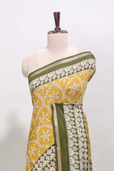 Yellow floral vine print chanderi cotton saree with contrast border and blouse