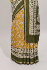 Yellow floral vine print chanderi cotton saree with contrast border and blouse