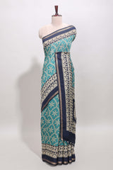 Turquoise green floral vine print chanderi cotton saree with contrast border and blouse