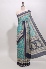 Turquoise green floral vine print chanderi cotton saree with contrast border and blouse