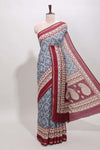 Blue floral vine print chanderi cotton saree with contrast border and blouse