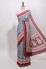 Blue floral vine print chanderi cotton saree with contrast border and blouse