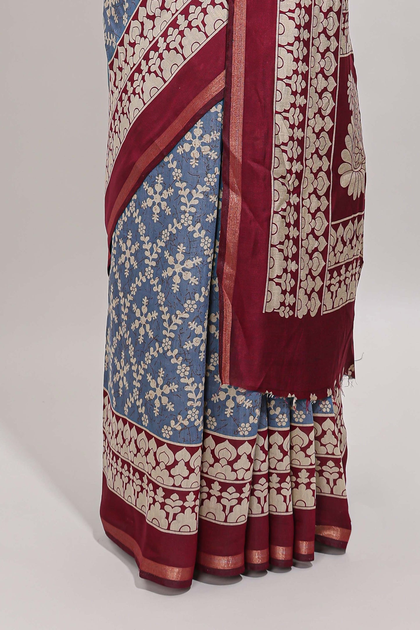 Blue floral vine print chanderi cotton saree with contrast border and blouse