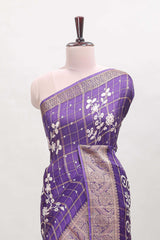 Violet checked floral design dola saree with self zari border and matching blouse