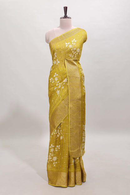 Mustard checked floral design dola saree with self zari border and matching blouse