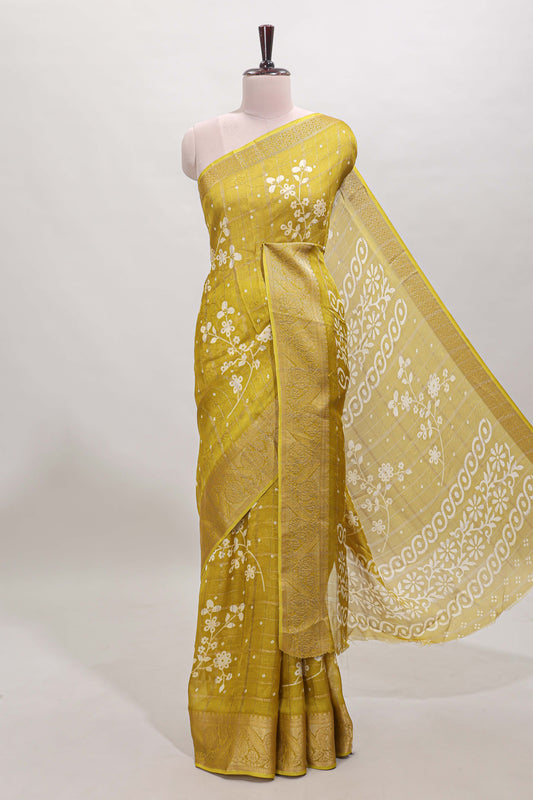 Mustard checked floral design dola saree with self zari border and matching blouse