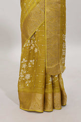 Mustard checked floral design dola saree with self zari border and matching blouse