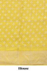 Mustard checked floral design dola saree with self zari border and matching blouse