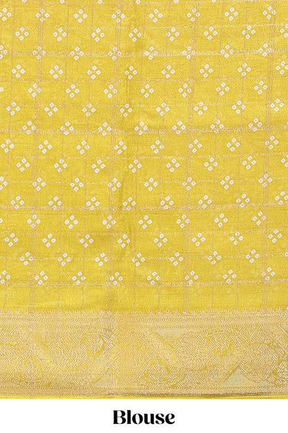 Mustard checked floral design dola saree with self zari border and matching blouse