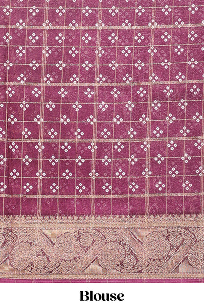 Onion pink checked floral design dola saree with self zari border and matching blouse