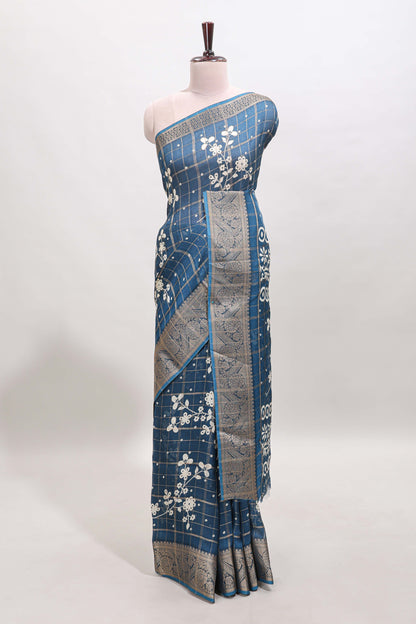 Blue checked floral design dola saree with self zari border and matching blouse