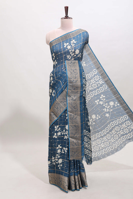 Blue checked floral design dola saree with self zari border and matching blouse