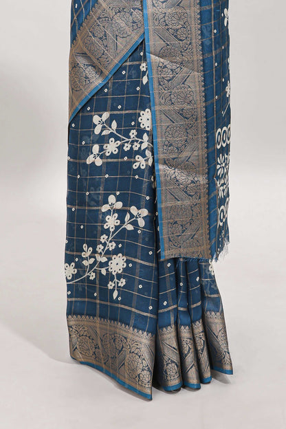 Blue checked floral design dola saree with self zari border and matching blouse