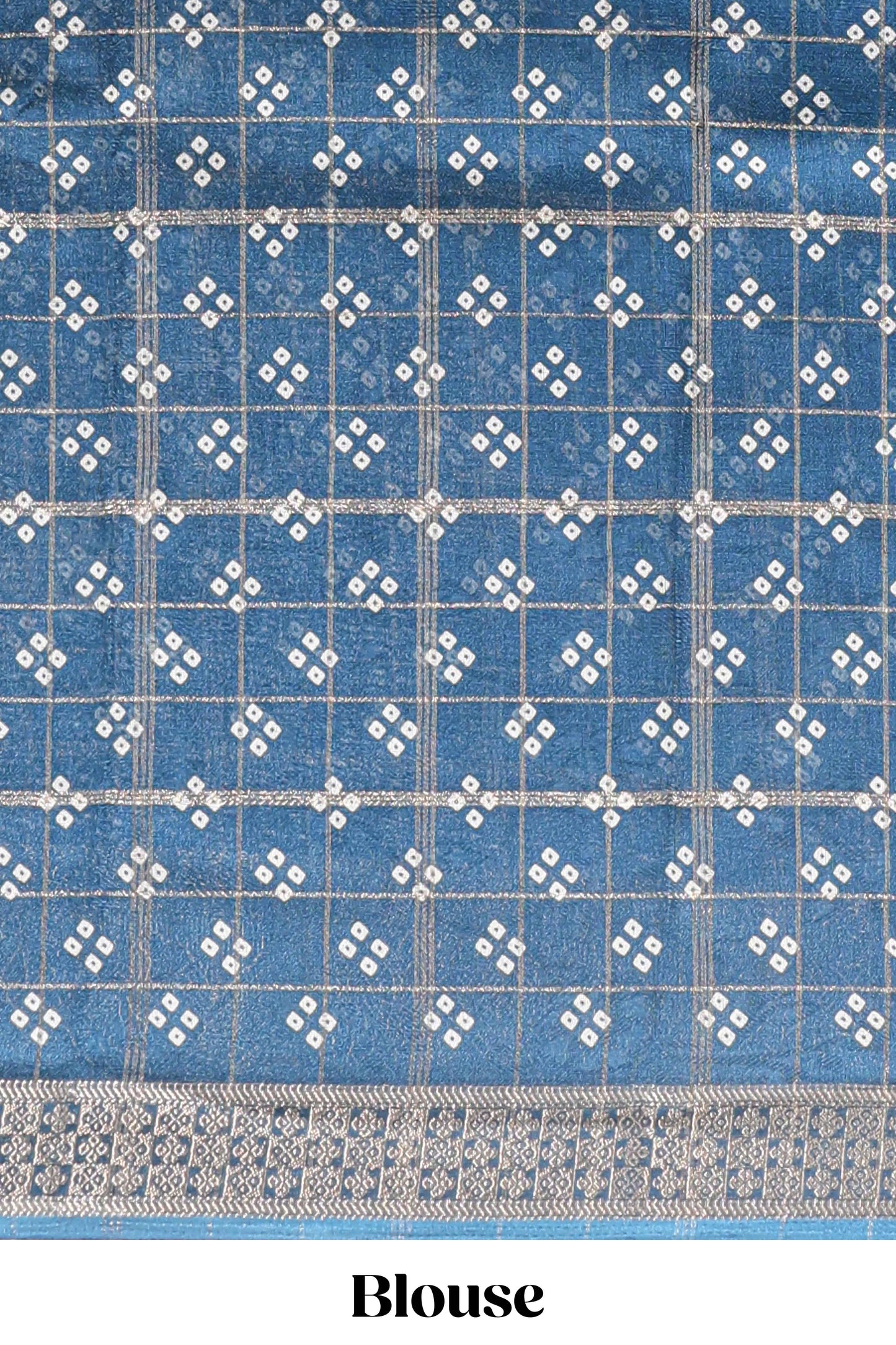 Blue checked floral design dola saree with self zari border and matching blouse