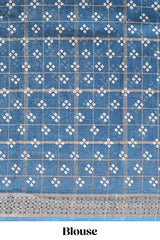 Blue checked floral design dola saree with self zari border and matching blouse
