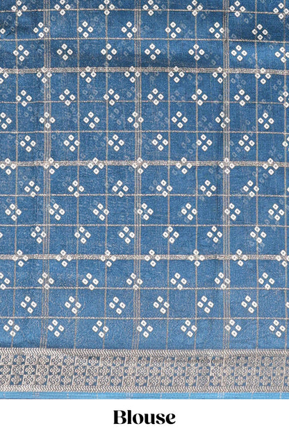 Blue checked floral design dola saree with self zari border and matching blouse