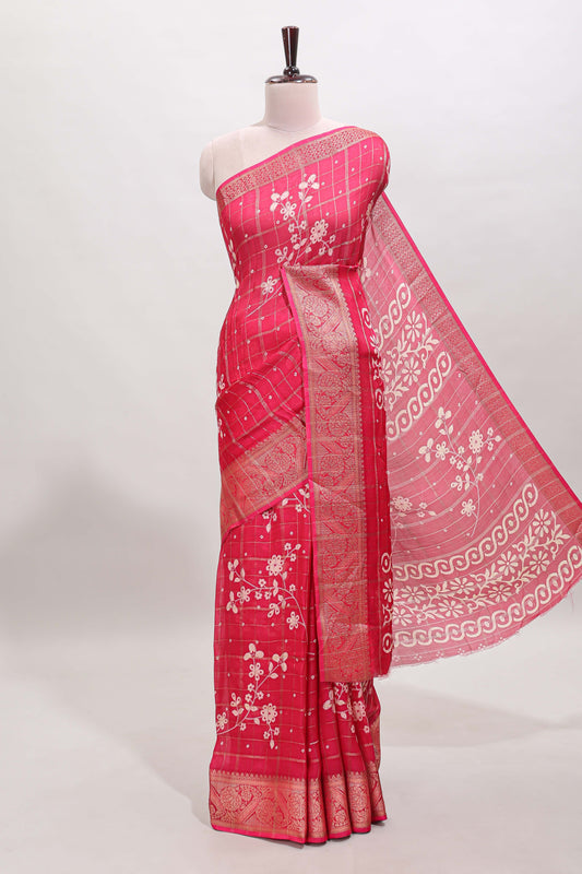 Pink checked floral design dola saree with self zari border and matching blouse