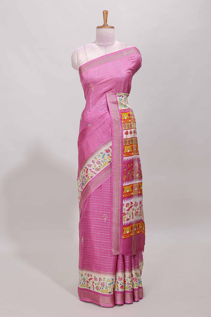 Pink dola silk saree with striped floral motifs and bird & floral bottom design with self zari border and matching blouse
