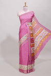 Pink dola silk saree with striped floral motifs and bird & floral bottom design with self zari border and matching blouse