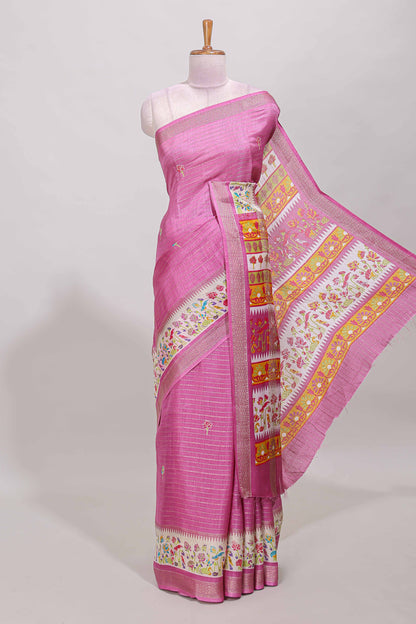 Pink dola silk saree with striped floral motifs and bird & floral bottom design with self zari border and matching blouse