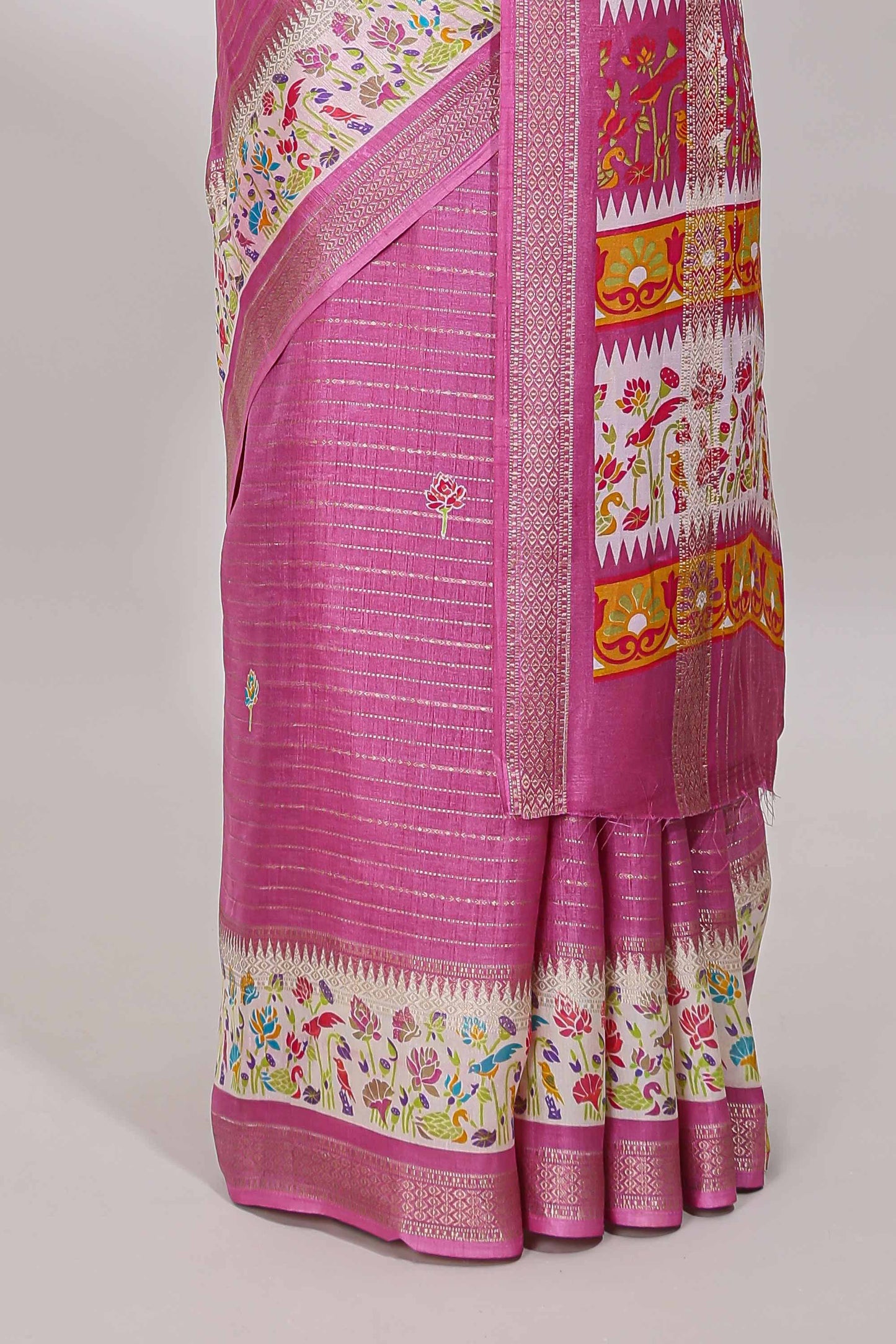 Pink dola silk saree with striped floral motifs and bird & floral bottom design with self zari border and matching blouse
