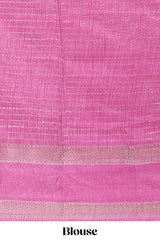 Pink dola silk saree with striped floral motifs and bird & floral bottom design with self zari border and matching blouse