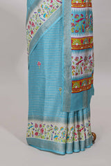 Blue dola silk saree with striped floral motifs and bird & floral bottom design with self zari border and matching blouse