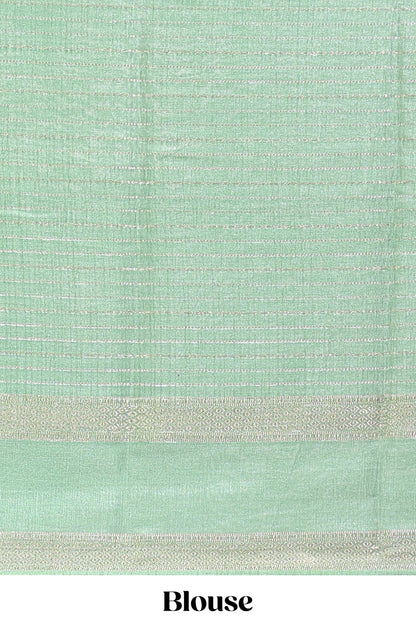 Green dola silk saree with striped floral motifs and bird & floral bottom design with self zari border and matching blouse
