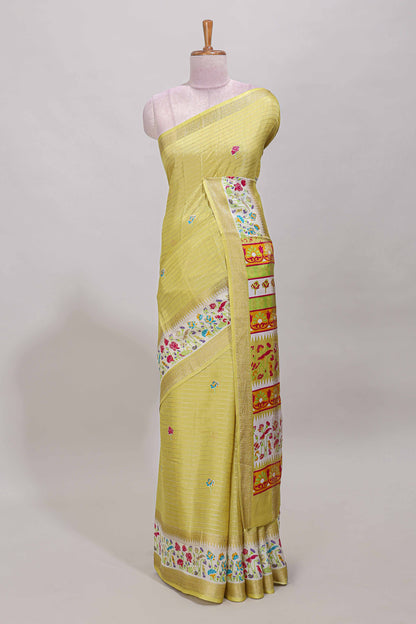 Yellow dola silk saree with striped floral motifs and bird & floral bottom design with self zari border and matching blouse