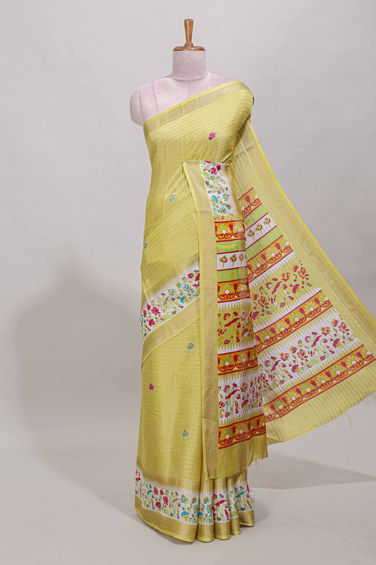 Yellow dola silk saree with striped floral motifs and bird & floral bottom design with self zari border and matching blouse