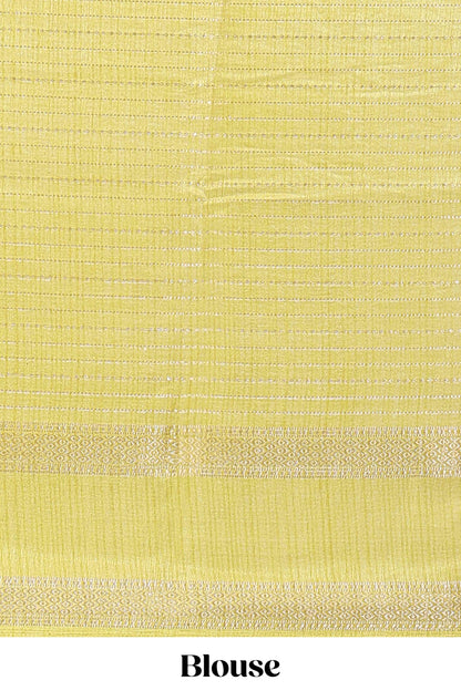Yellow dola silk saree with striped floral motifs and bird & floral bottom design with self zari border and matching blouse