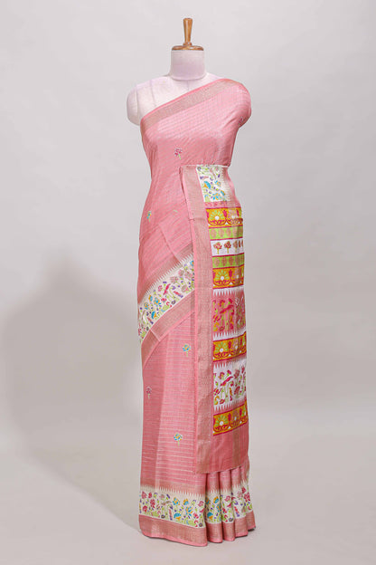Baby pink dola silk saree with striped floral motifs and bird & floral bottom design with self zari border and matching blouse