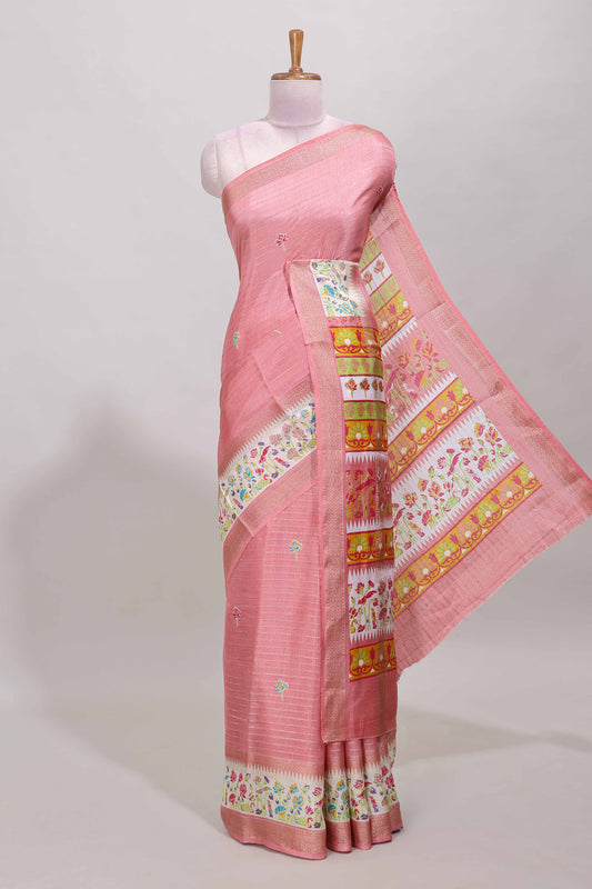Baby pink dola silk saree with striped floral motifs and bird & floral bottom design with self zari border and matching blouse