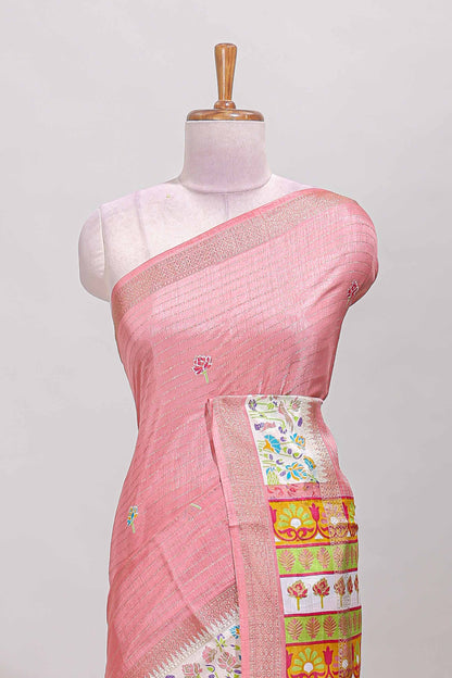 Baby pink dola silk saree with striped floral motifs and bird & floral bottom design with self zari border and matching blouse