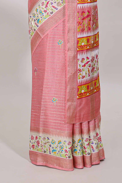 Baby pink dola silk saree with striped floral motifs and bird & floral bottom design with self zari border and matching blouse
