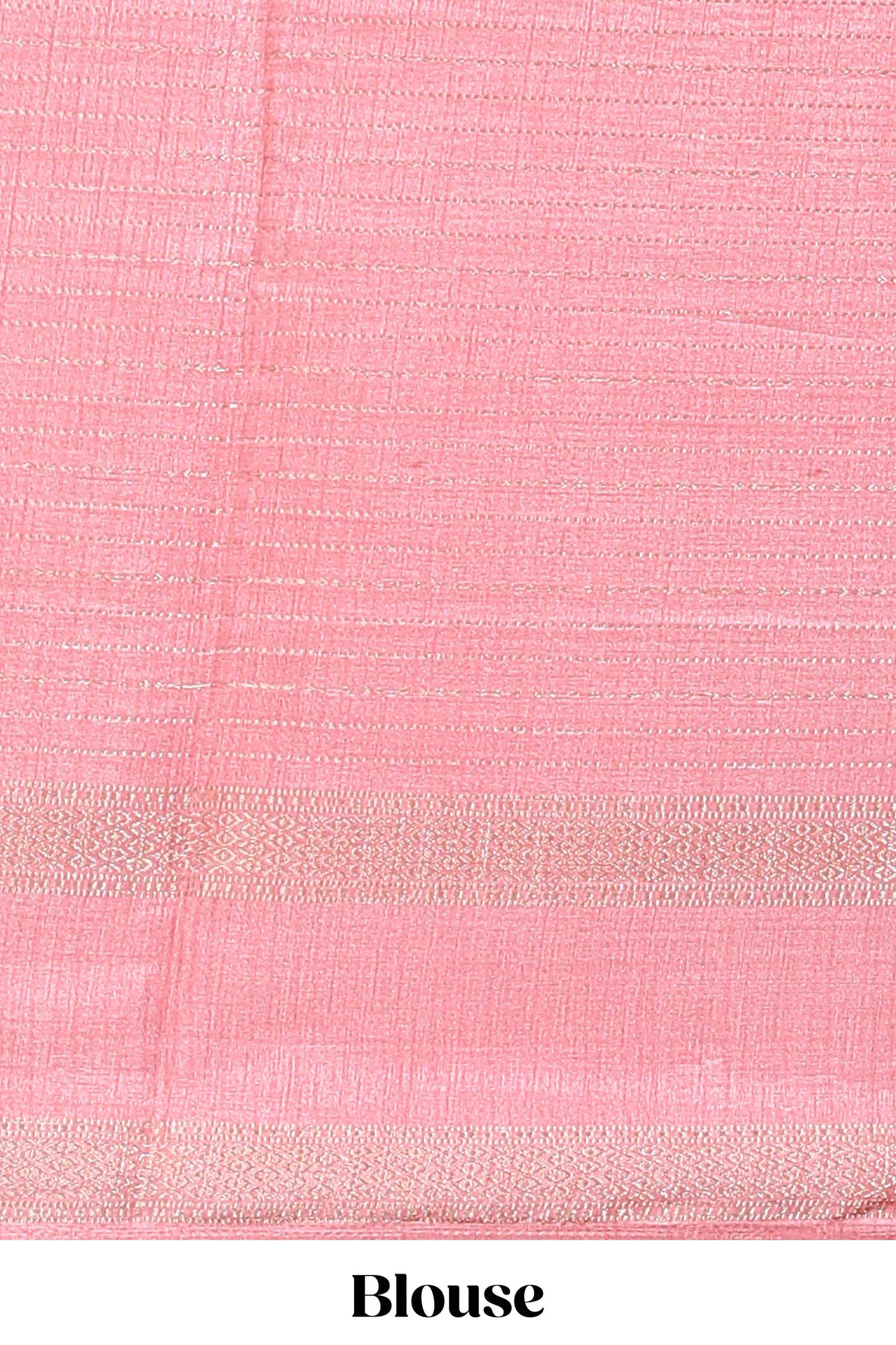Baby pink dola silk saree with striped floral motifs and bird & floral bottom design with self zari border and matching blouse