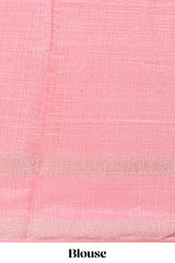 Baby pink dola silk saree with striped floral motifs and bird & floral bottom design with self zari border and matching blouse