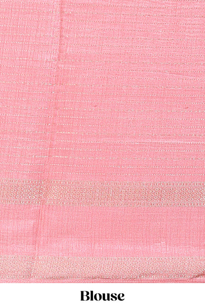 Baby pink dola silk saree with striped floral motifs and bird & floral bottom design with self zari border and matching blouse
