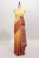 Yellow and brown dual shade checked checked linen cotton saree with self zari border printed blouse