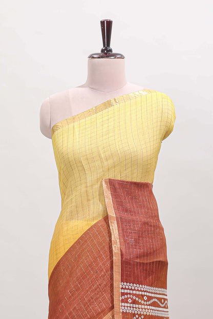 Yellow and brown dual shade checked checked linen cotton saree with self zari border printed blouse