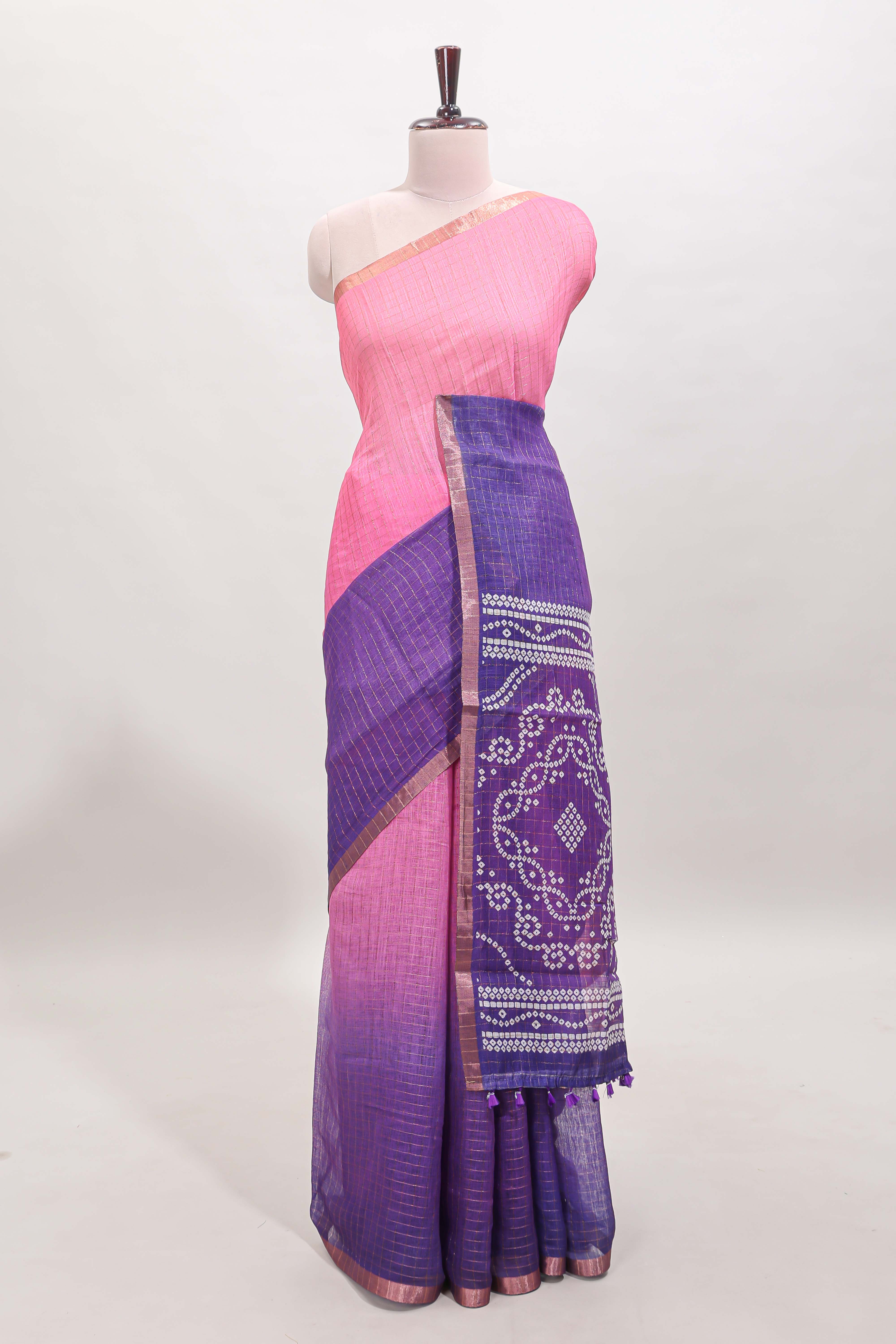 Pink and violet dual shade checked linen cotton saree with self zari border and matching blouse