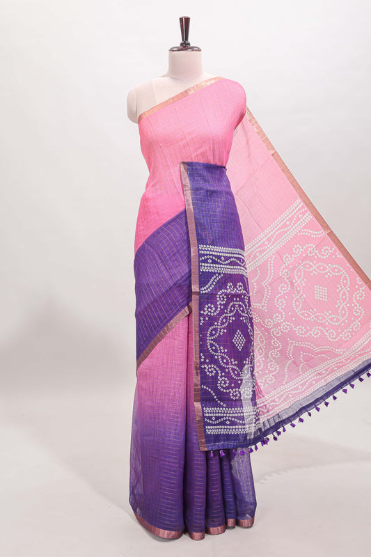 Pink and violet dual shade checked linen cotton saree with self zari border and matching blouse