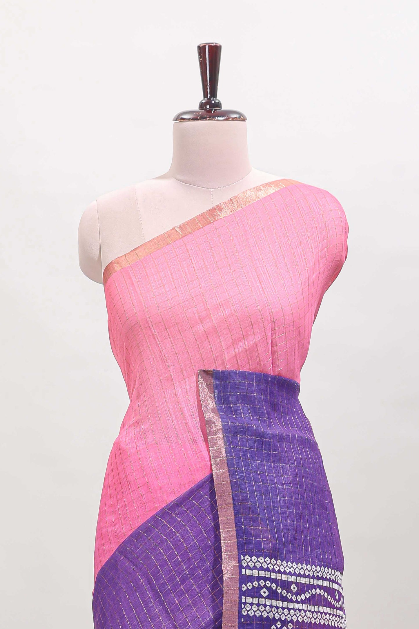 Pink and violet dual shade checked linen cotton saree with self zari border and matching blouse