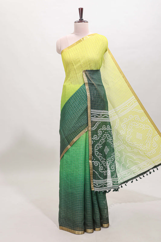 Yellow and green dual shade checked linen cotton saree with self zari border and matching blouse