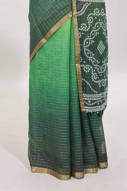 Yellow and green dual shade checked linen cotton saree with self zari border and matching blouse