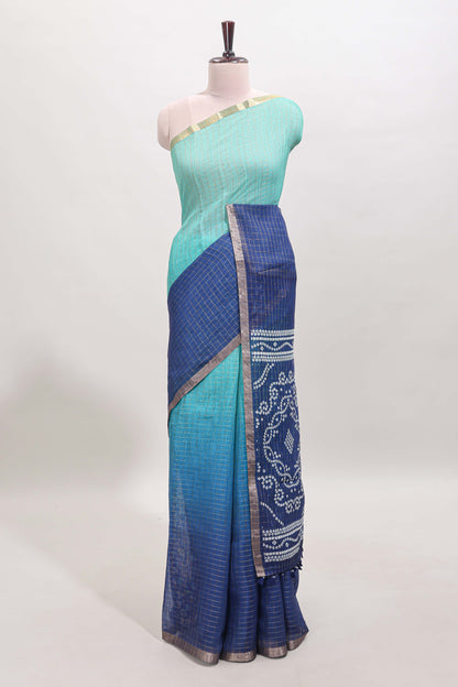 Green and blue dual shade checked checked linen cotton saree with self zari border printed blouse