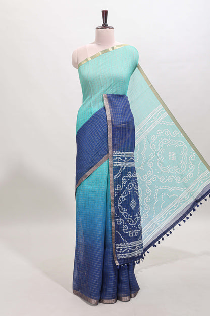 Green and blue dual shade checked checked linen cotton saree with self zari border printed blouse