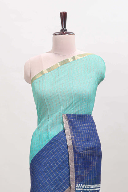 Green and blue dual shade checked checked linen cotton saree with self zari border printed blouse
