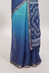 Green and blue dual shade checked checked linen cotton saree with self zari border printed blouse